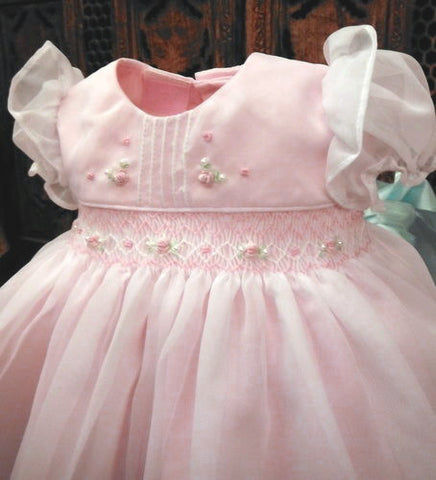 Will'beth Pink Sheer Overlay Smocked Dress Baby Girls Pearls Newborn ...