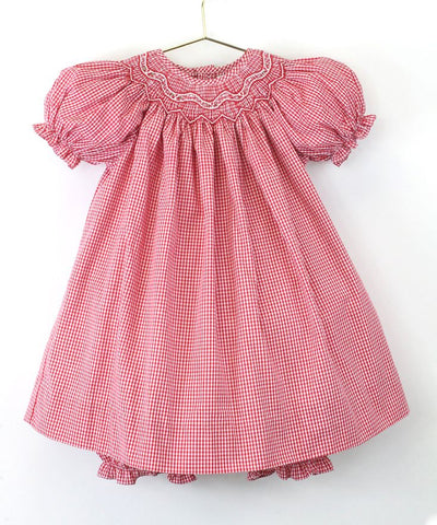 Petit Ami Baby Girls Red & White Gingham Smocked Bishop Dress with Bloomers in 3 6 9 Months