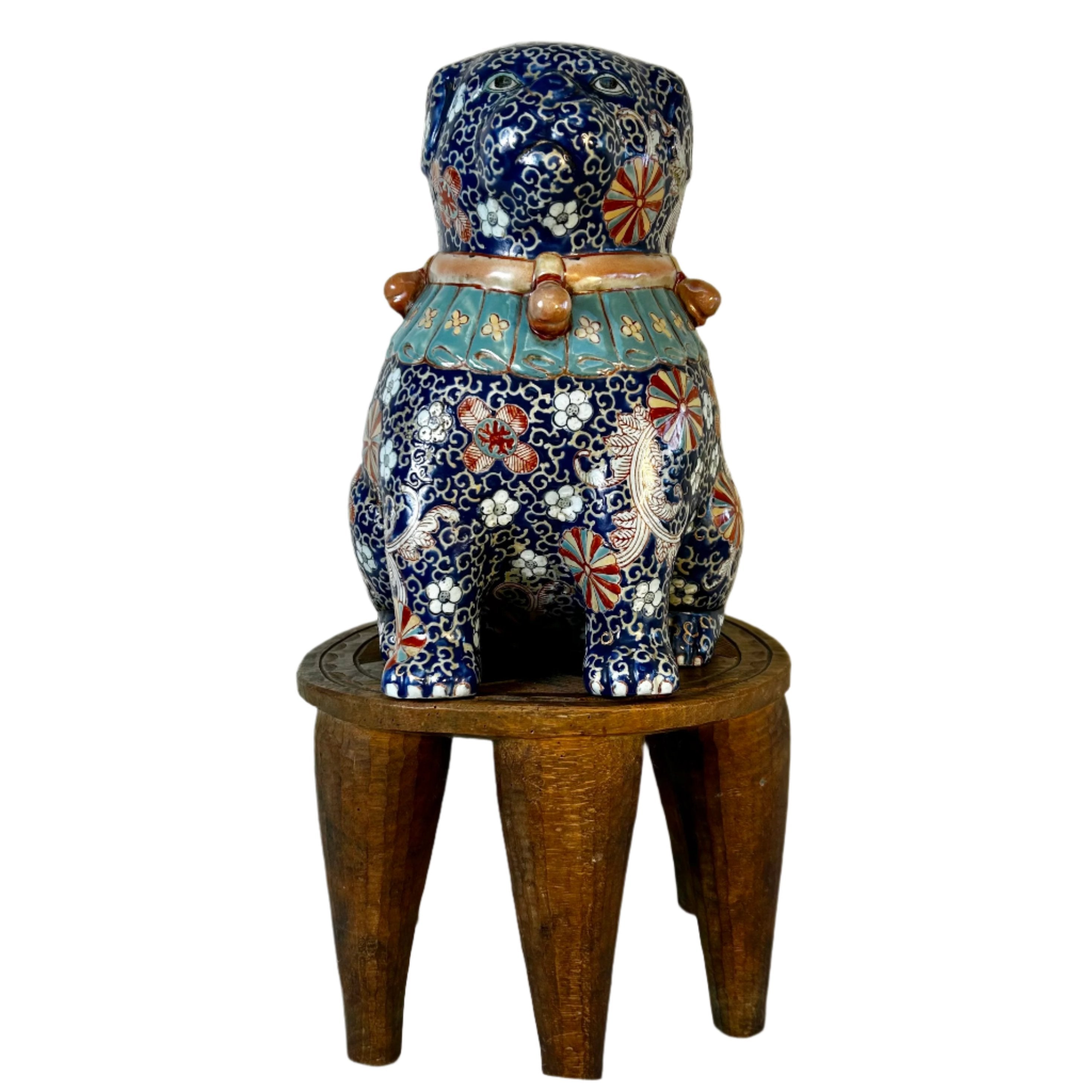 Vintage Asian Porcelain Blue Dog Hand Painted on a Wood Stand