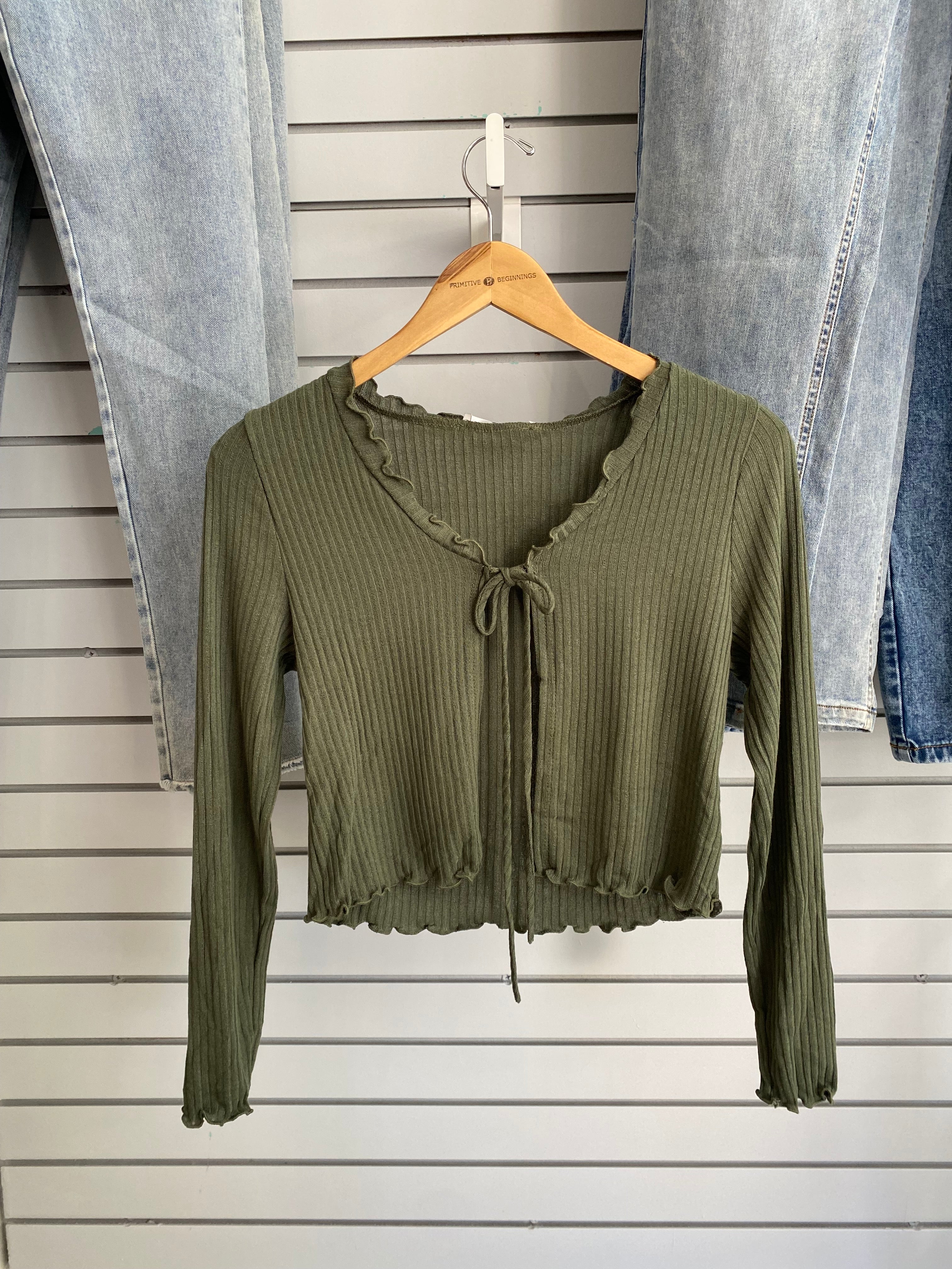 Olive Cropped Tie Sweater