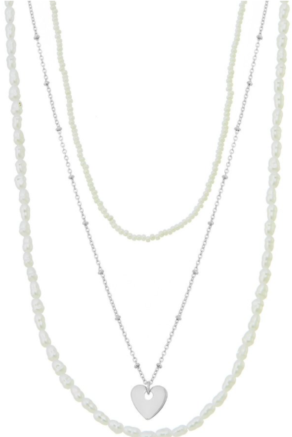 Layered Pearl Necklace With Heart Pendant