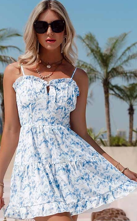 Floral Print Tie Front Ruffled Mini Dress