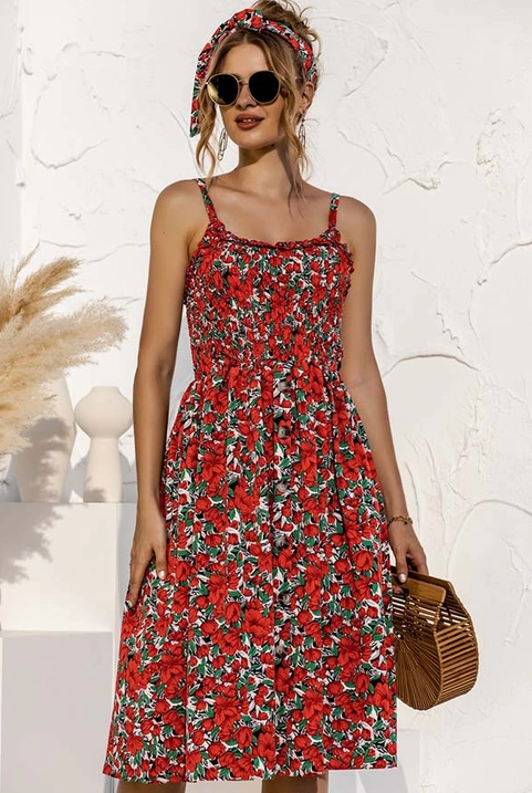 Red Floral Button Down Maxi Dress and Matching Head Band