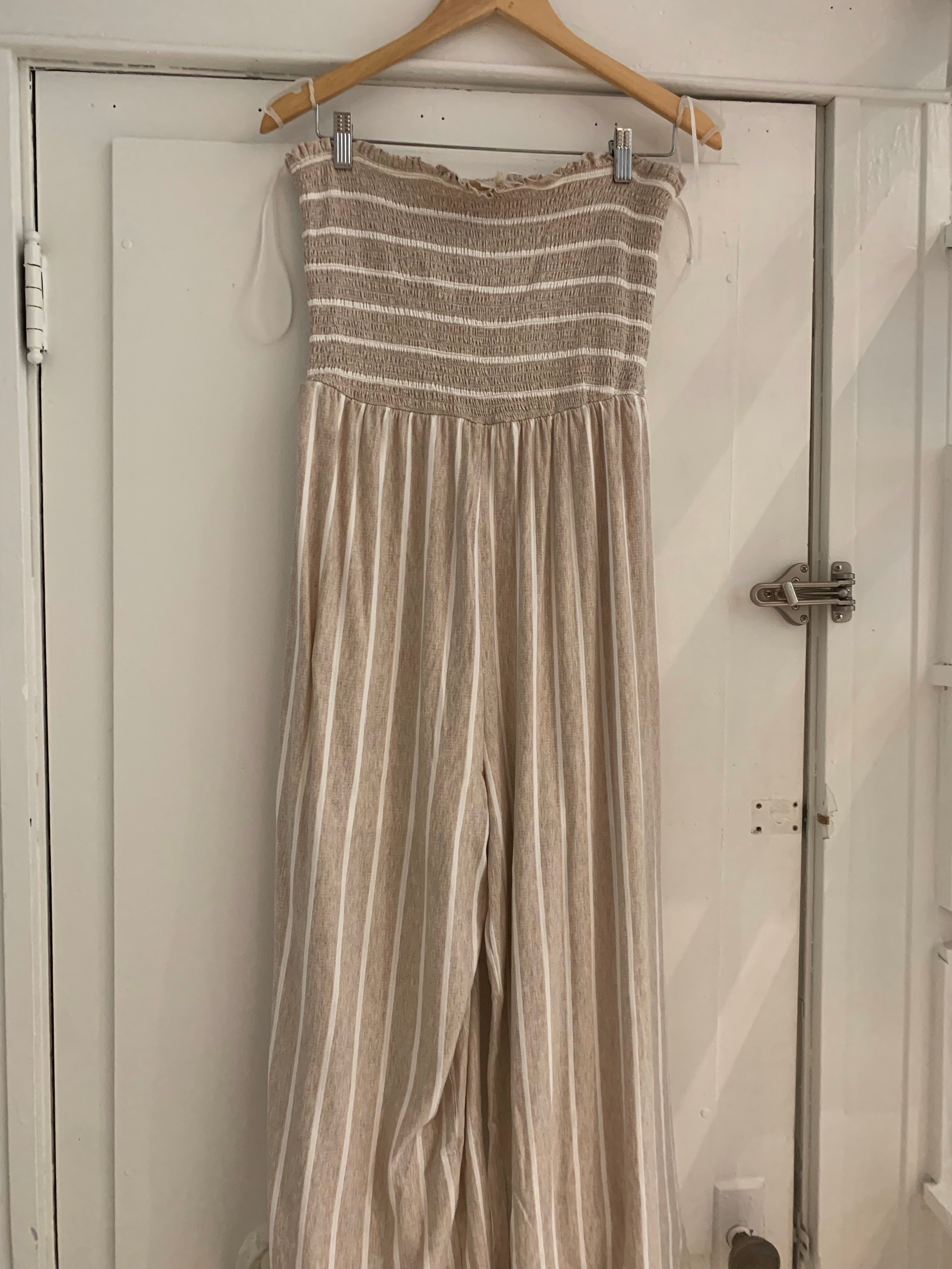 Striped Strappless Tan and White Jumpsuit