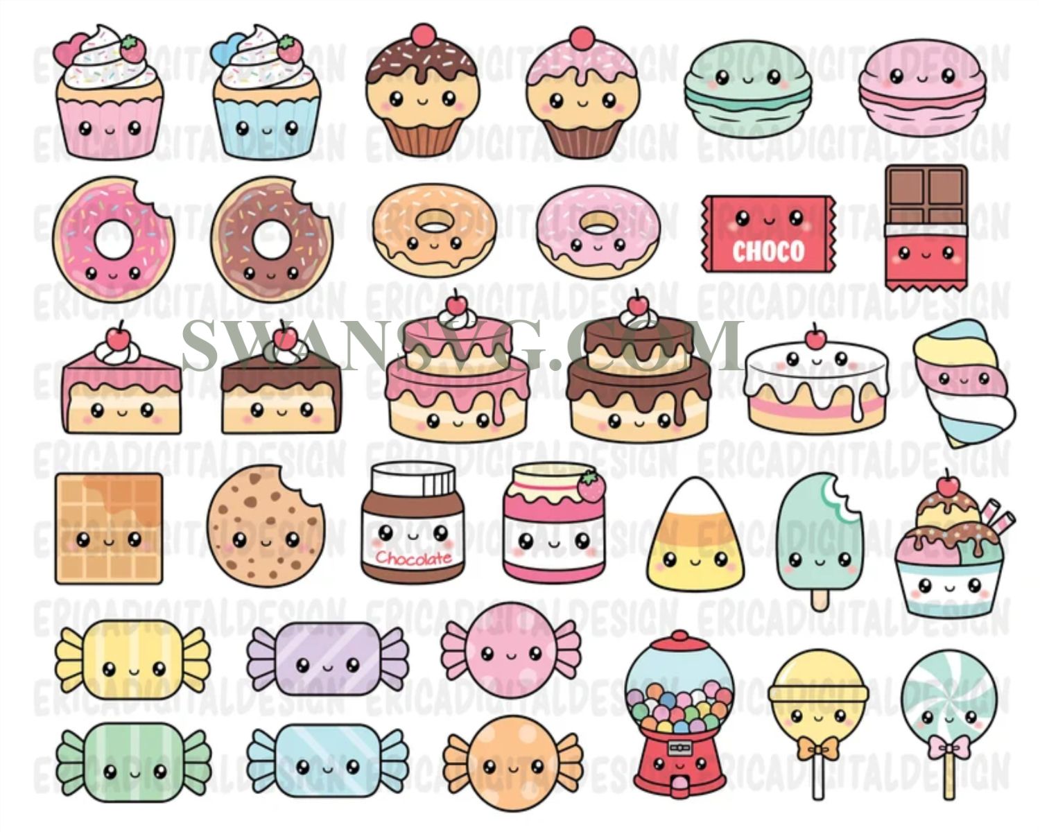 Kawaii Sweets Bundle SVG, Cute Sweet candy, Food Svg, Donut Svg, Cupca ...