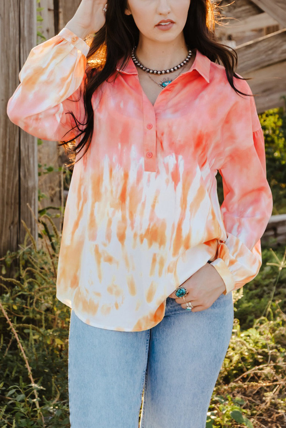 Red Tie Dye Print Lace-up Buttoned Henley Top