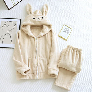 Beige Bunny Flannel Hoodie Loungewear Set - Stylicious
