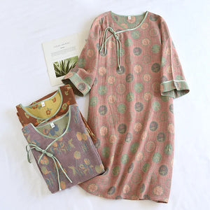 Mandarin Gown Cotton Jacquard Nightgown - Stylicious