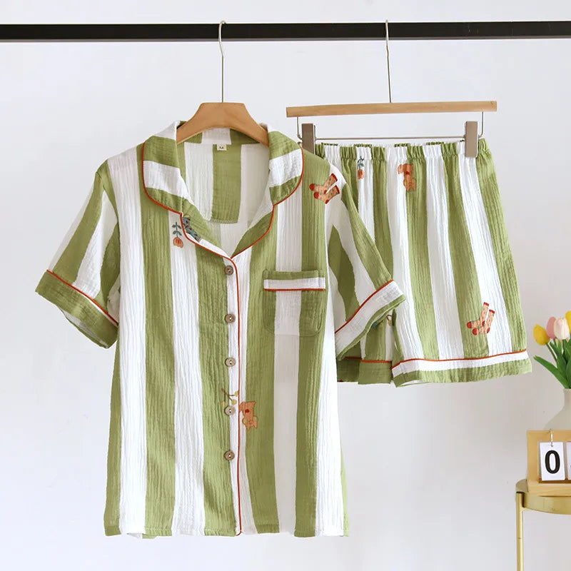 Striped Cotton Short Sleeve Shorts Pajama Set