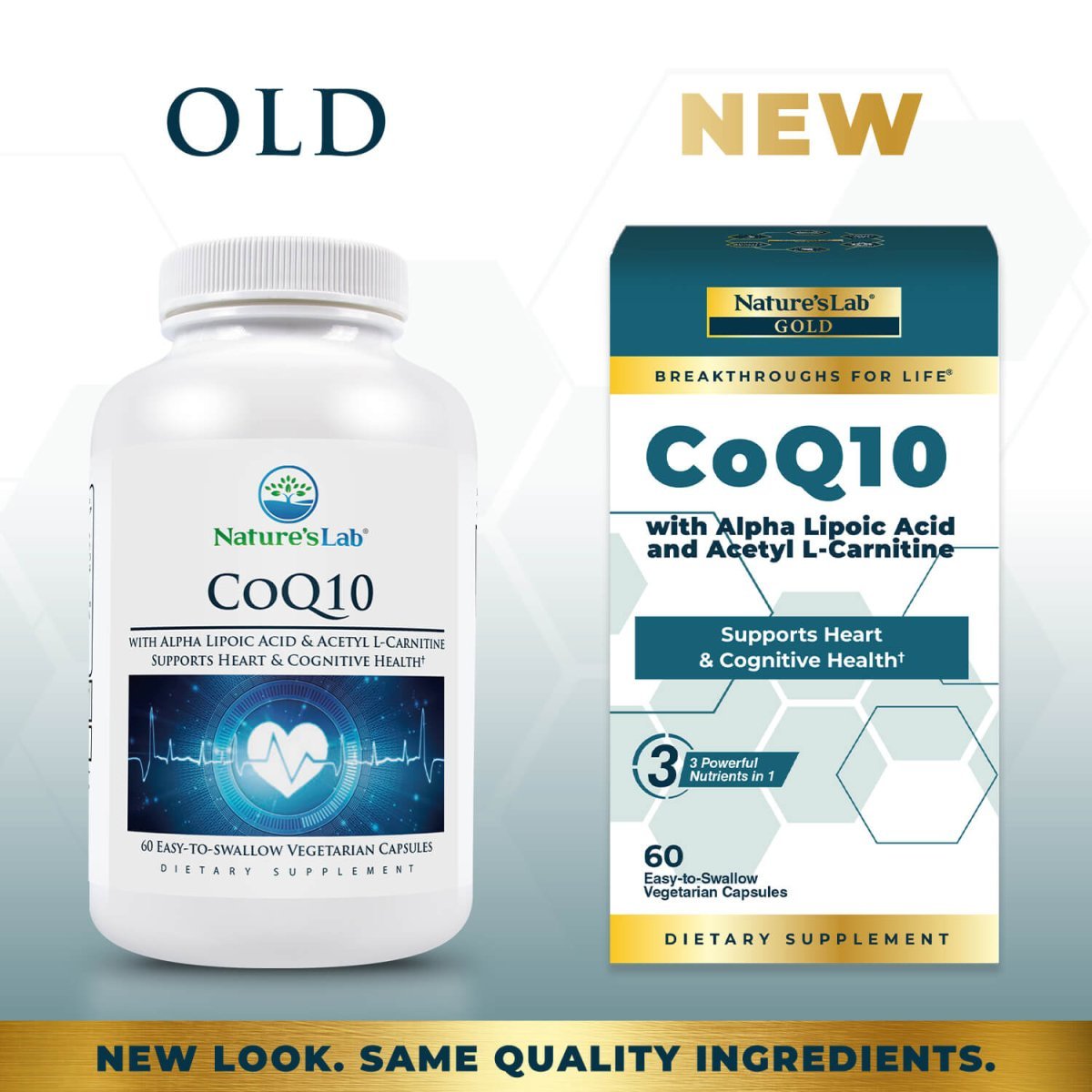 Nature's Lab CoQ10 supplement packaging change: old bottle vs. new box design.