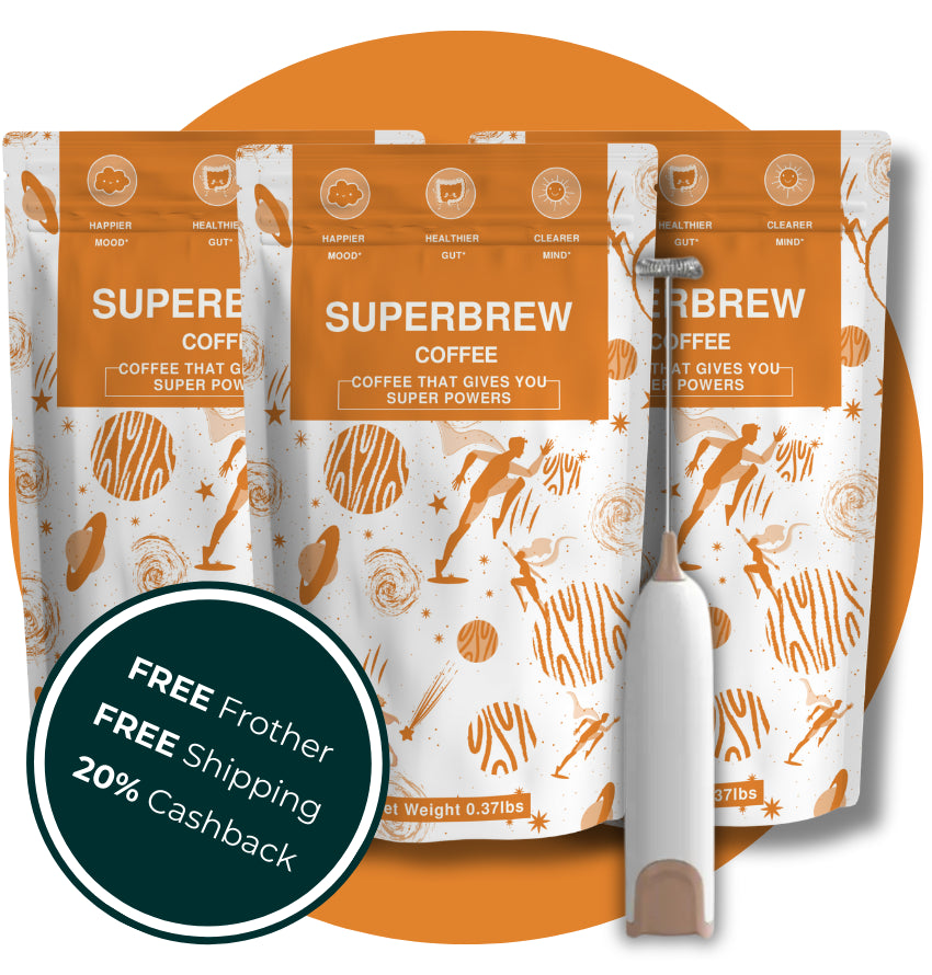 Three bags of 'SUPERBREW Coffee' with a free frother and a promotional offer of free shipping and cashback.