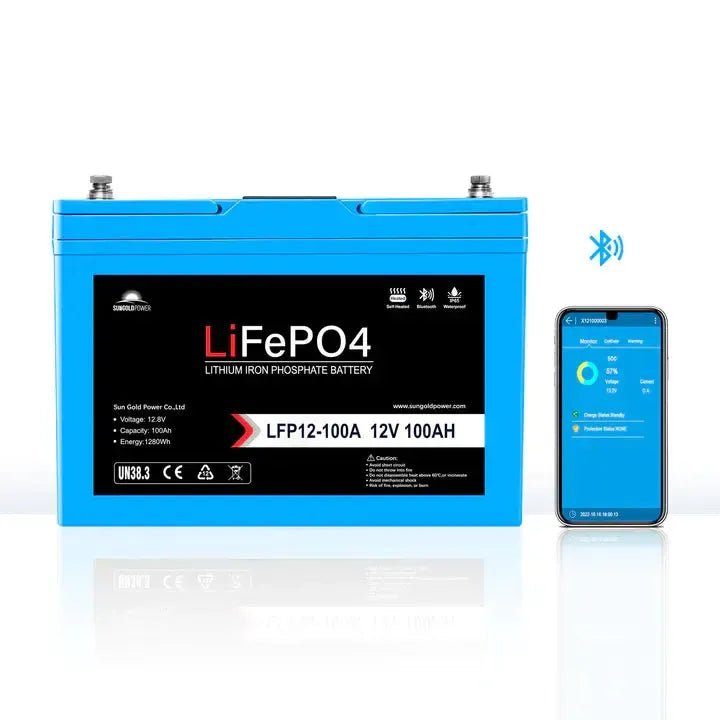 Sungold Power 12V 100AH LiFePO4 Deep Cycle Lithium Battery / Bluetooth /Self- heating / IP65