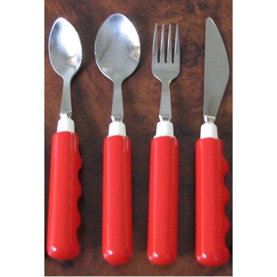 Special Supplies Adaptive Utensils (5-Piece Kitchen Set) Wide,  Non-Weighted, Non-Slip Handles for Hand Tremors, Arthritis, Parkinsons or  Elderly use - Stainless Steel Knives, Fork, Spoons - Red