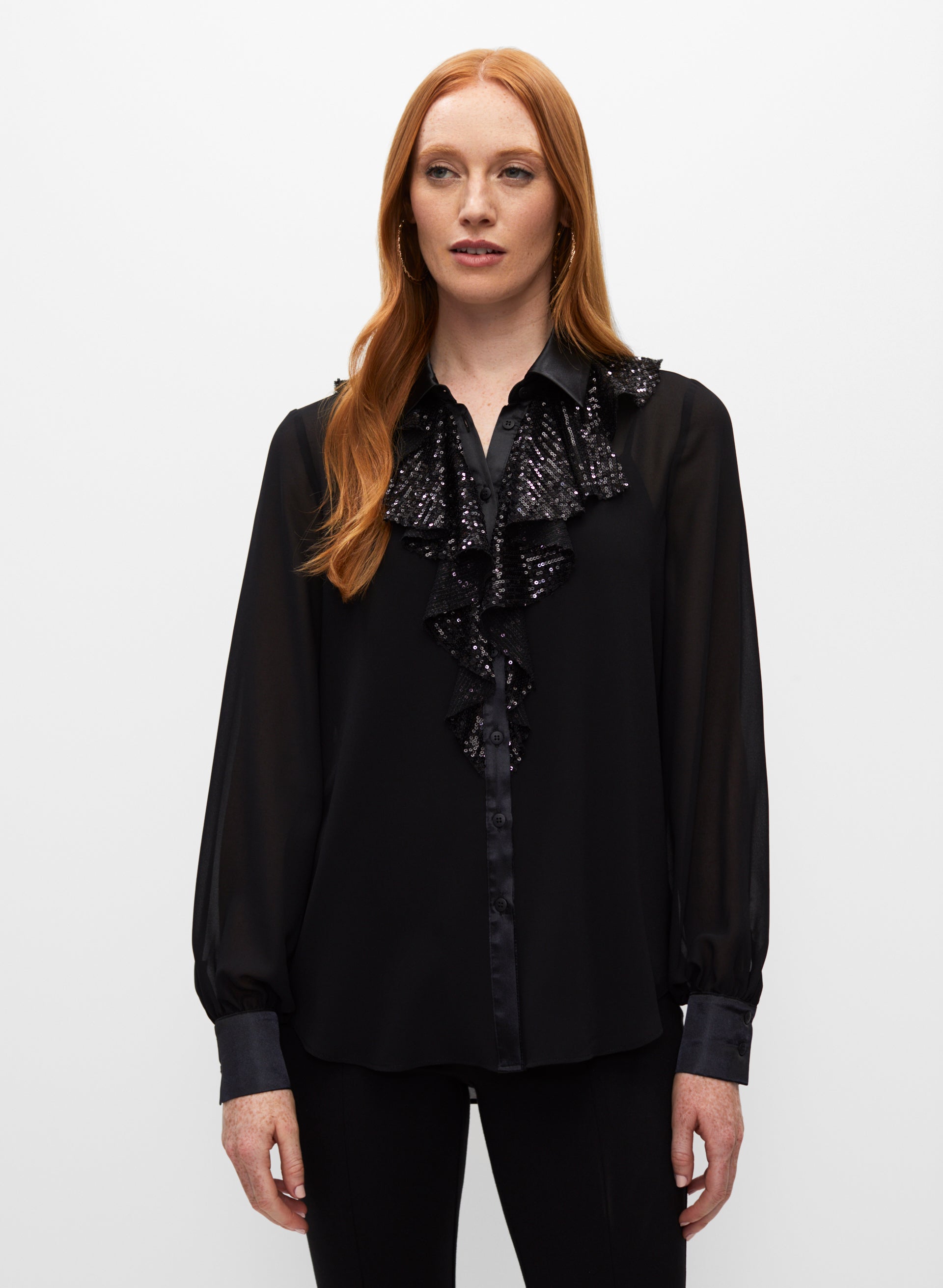 Sequin Ruffle Button-Up Blouse