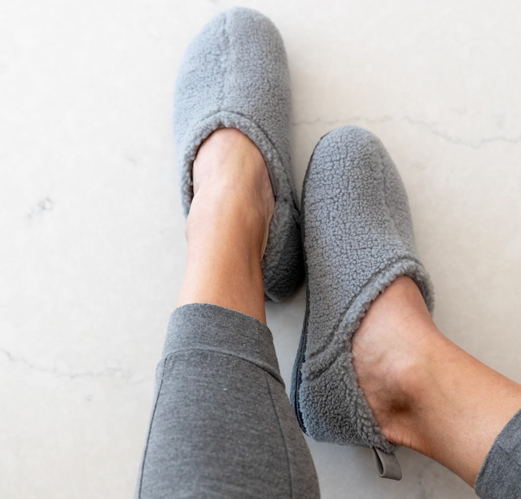 grey fuzzy slippers