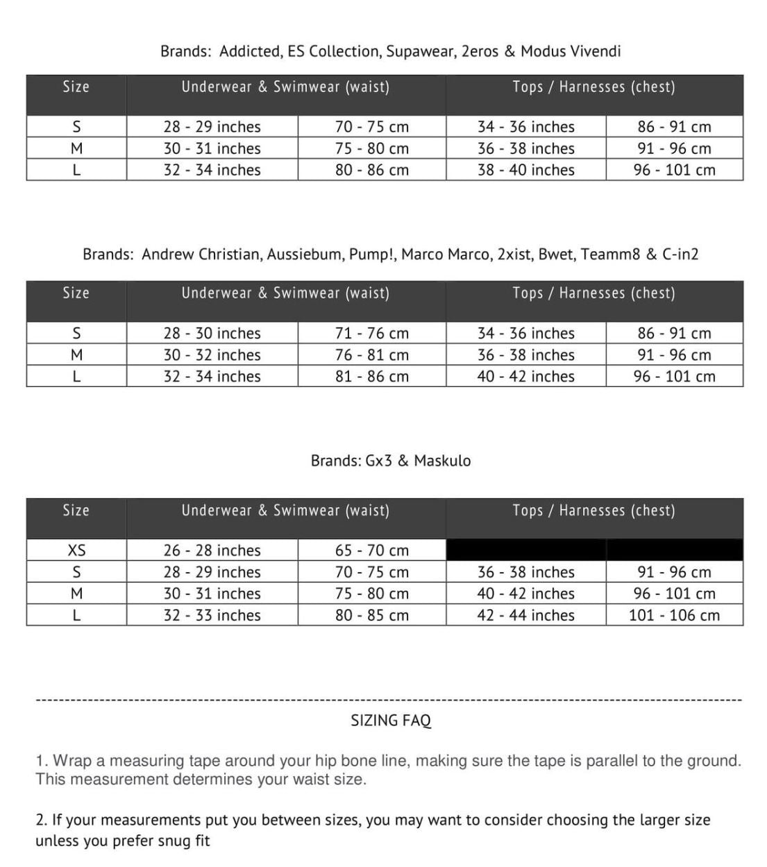 Aussiebum Size Chart