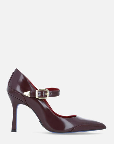 Zapato tipo Mary Jane en piel florantic color vino y hebilla color niquel para muje
