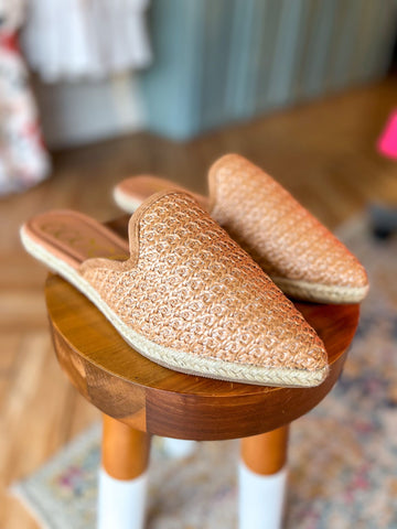 “BOARDWALK MULES” Camel Thread Raffia Slip-On Mule Slide