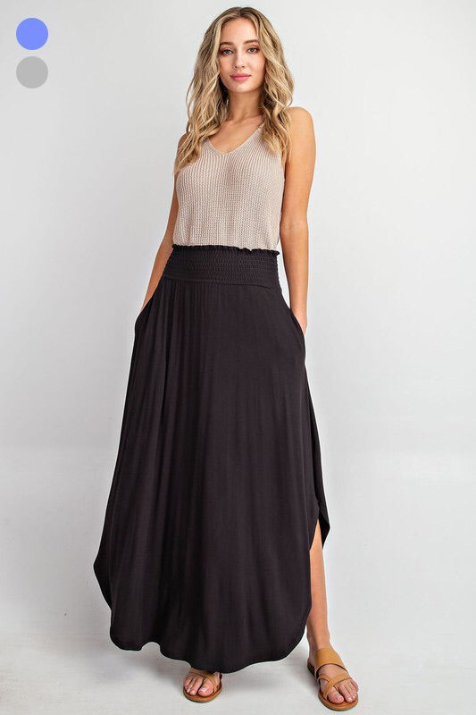 smocked waist maxi skirt