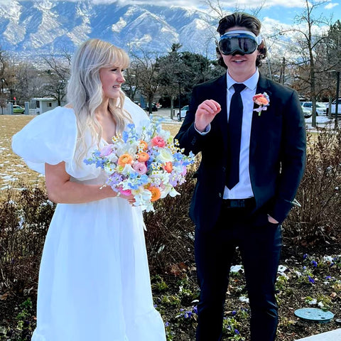 Groom Wearing Apple Vision Pro to Wedding Pictures