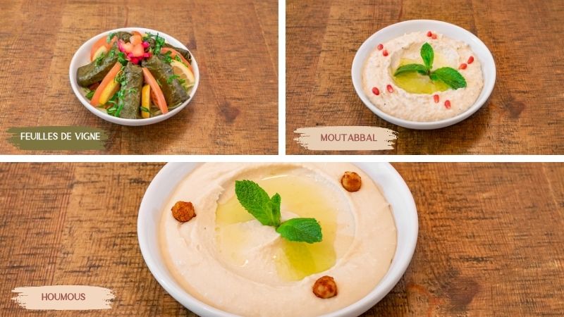 Mezzés froids végétariens libanais : houmous, moutabbal (caviar d'aubergine) et feuille de vigne