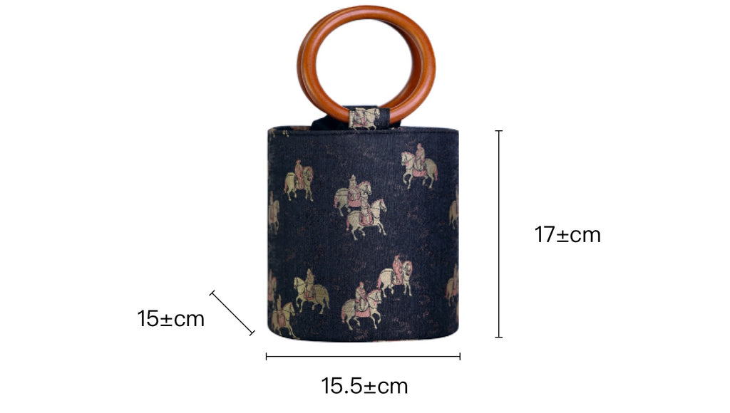 Black bucket bag with horse pattern