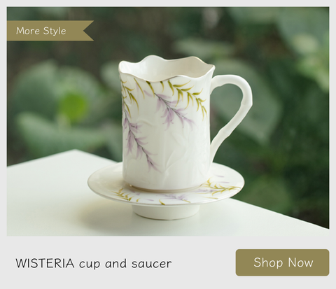 Ceramic mini cup and saucer with hand-painted wisteria
