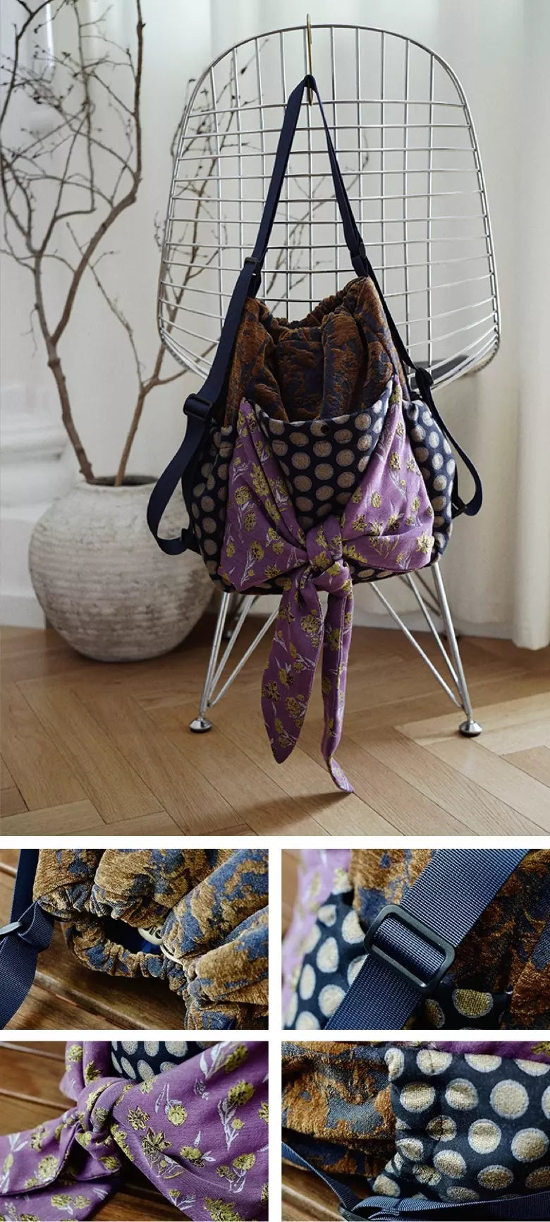 Patchwork shoulder bag with a jacquard woven bow