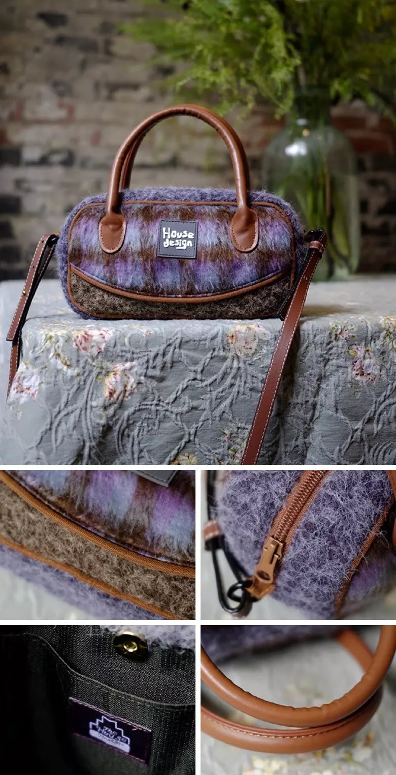 Purple plush crossbody bag with waterproof nylon interior