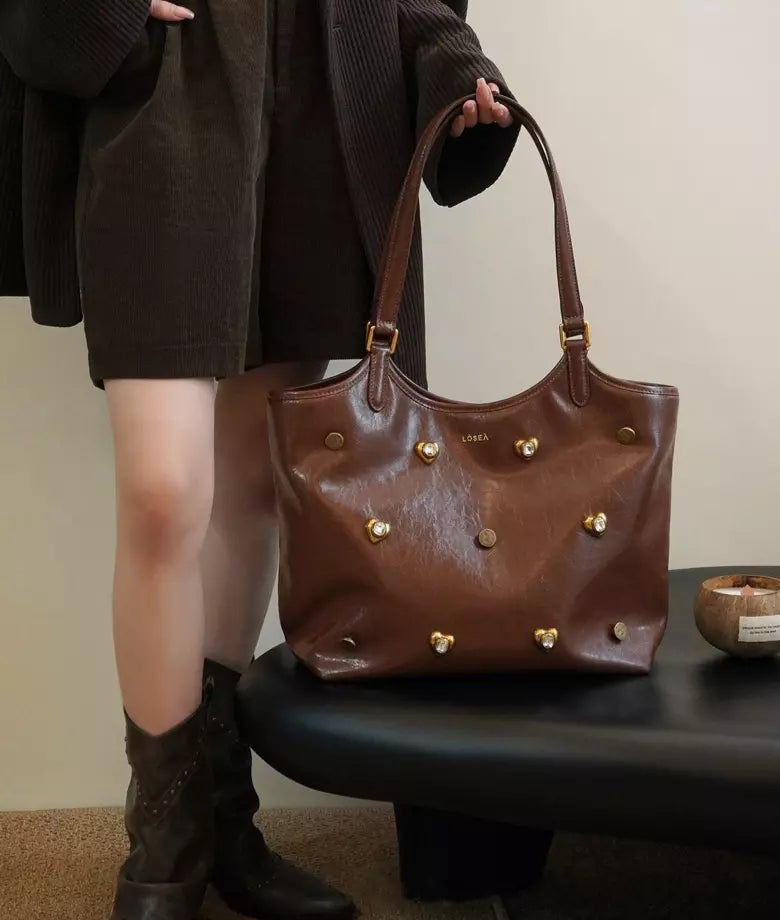 Large brown genuine cowhide tote bag with crystals