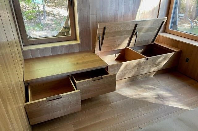 Storage benches made with reclaimed wood