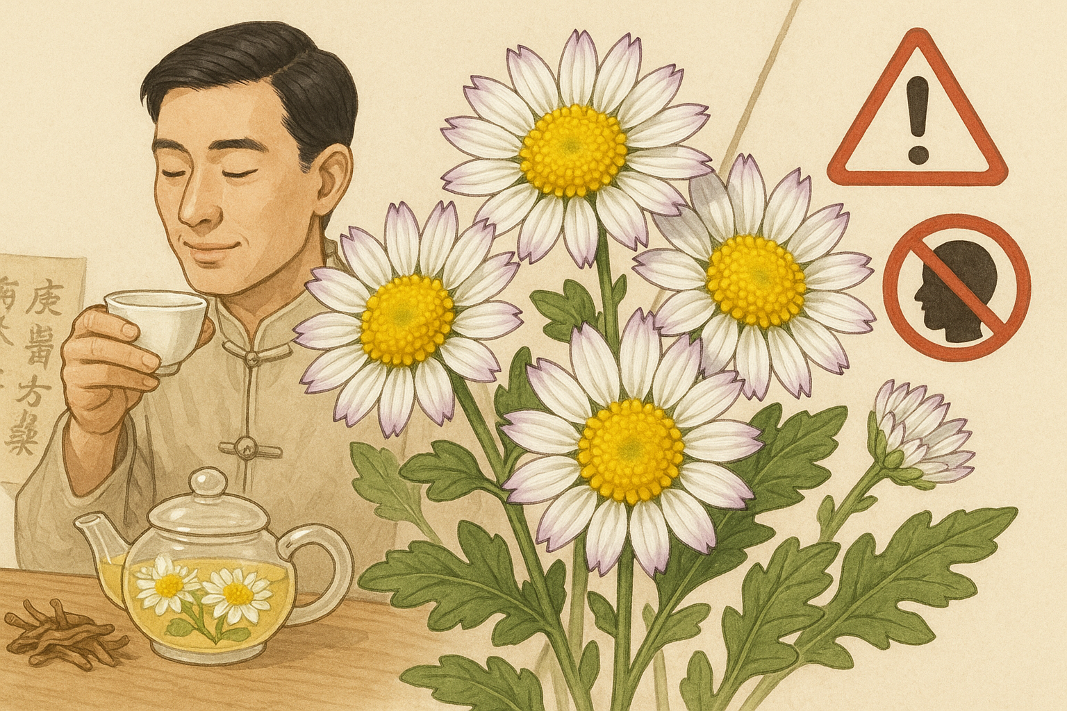 Detailed illustration of small chrysanthemum flowers with pointed white petals, light purple edges and yellow centers. Coin-sized flowers shown with their medicinal benefits and cautions in traditional Chinese medicine context.