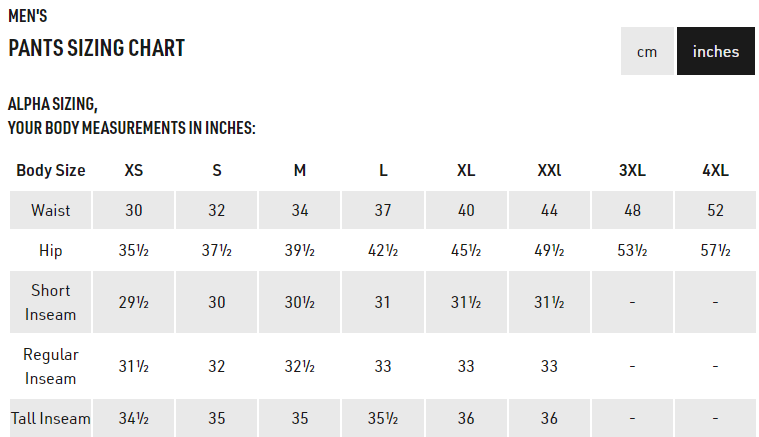 Men's Pants Sizing Chart