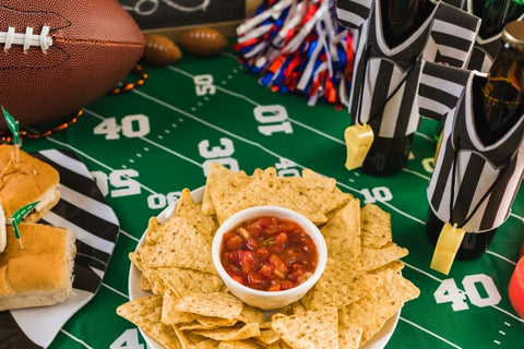 game-day-football-party-table-with-beer-chips-salsa