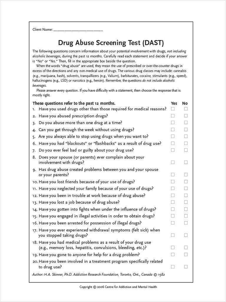 Drug Abuse Screening Test (DAST20)Questionnaire sur la consommation