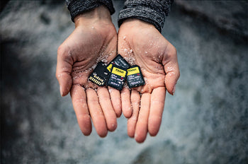 dusty hands holding Sony Tough V90 SD Cards