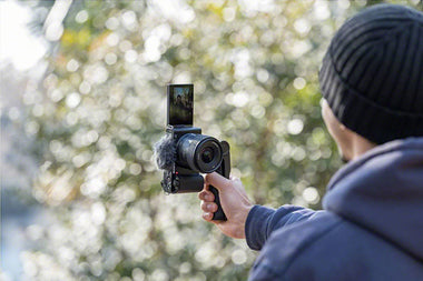 compact lens on Sony ZV-E10 camera in vlogging mode