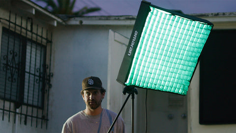 amaran f22c RGB LED mat with softbox and grid on a light stand