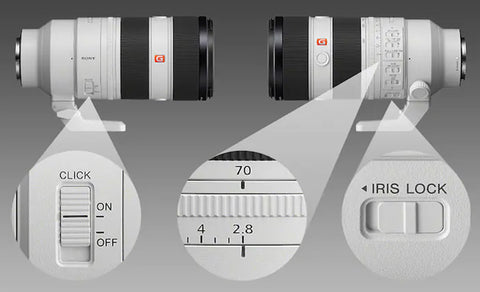 close up of lens switches and control dials