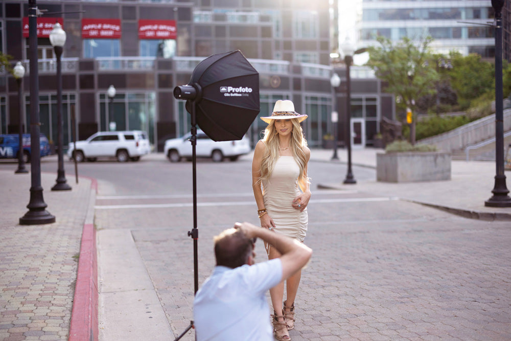 Profoto A2 on location with model downtown salt lake city 