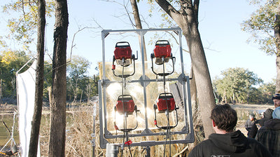 Aputure LS 1200 4 light bracket on set in the woods