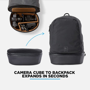Camera cube expands to backpack in seconds