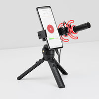 videomic go II connected to an android phone on a tabletop tripod