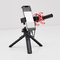 Videomic Go II connected to iphone and table top tripod