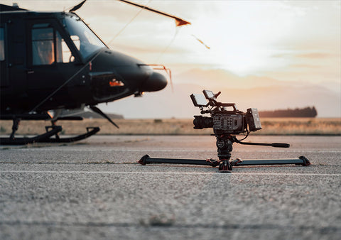 sachtler tripod with Sony cinema filming a helicopter