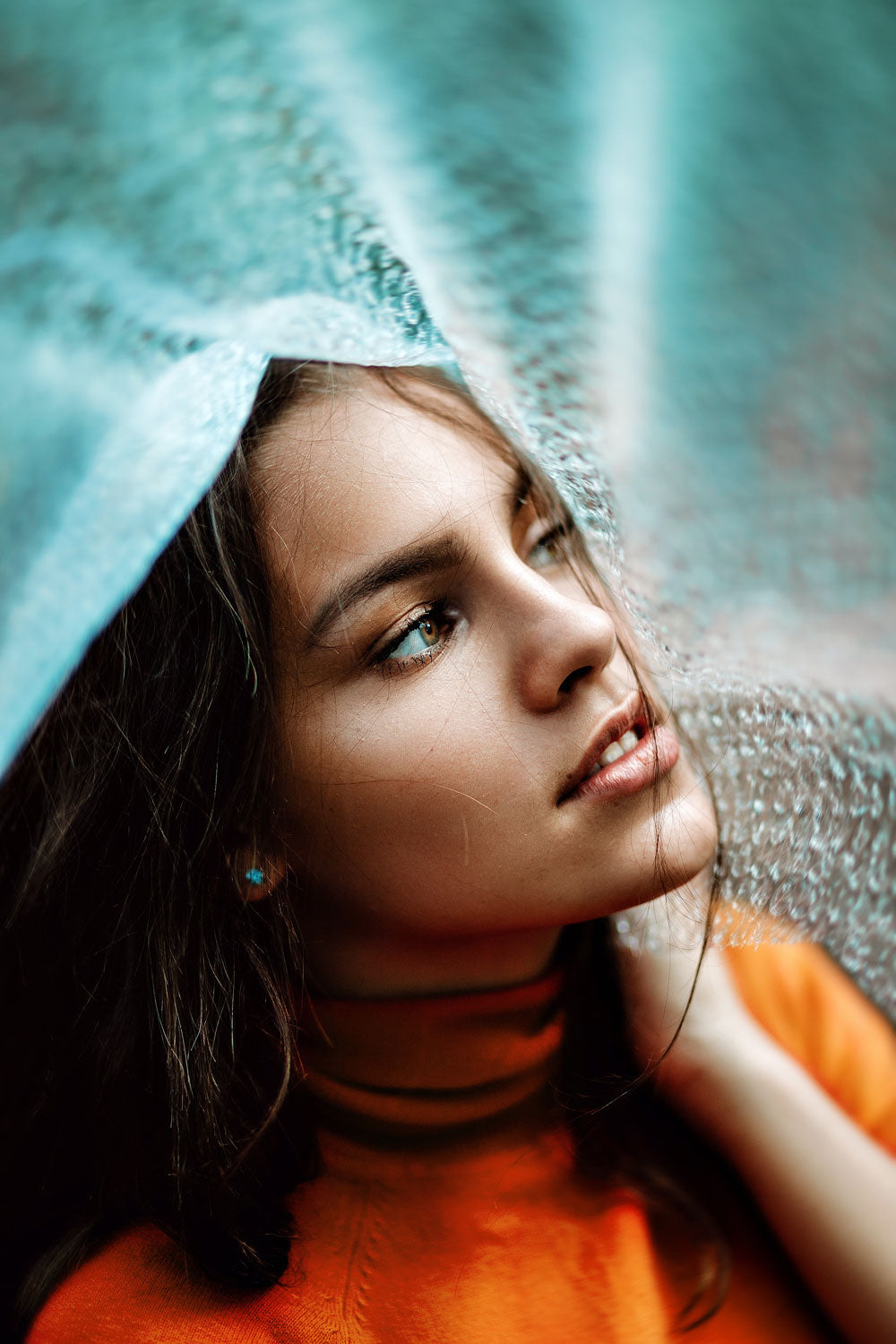 Portrait of dark haired model in complementary colors