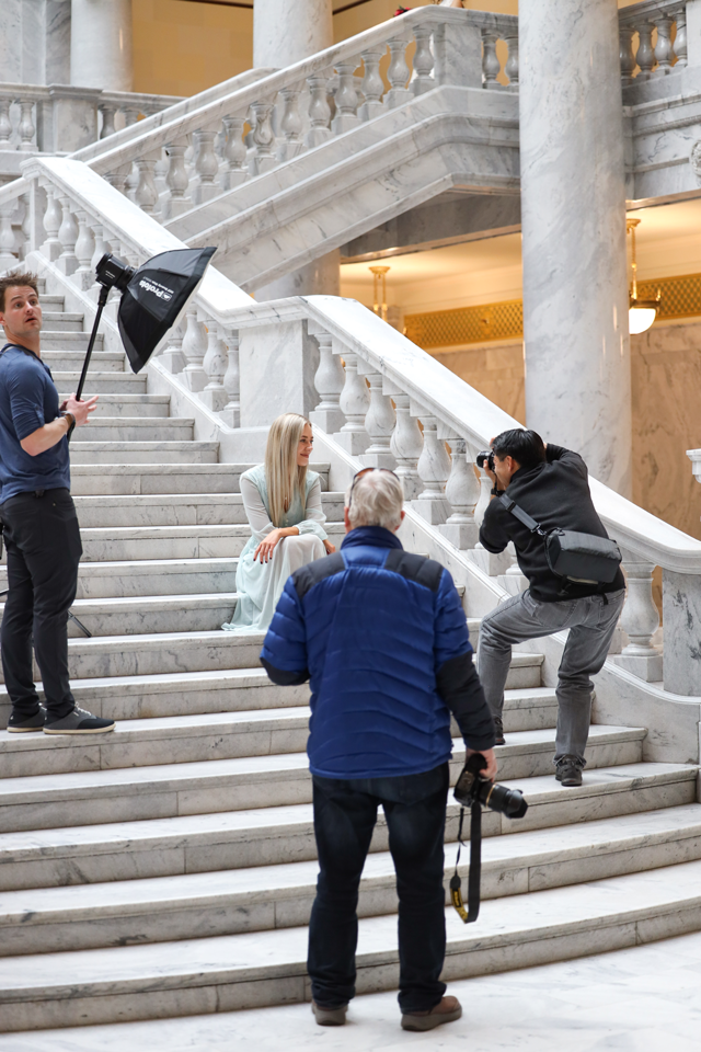 Taking portraits of model inside Utah state capitol