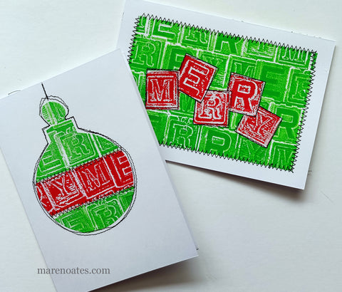 "Merry" Christmas cards made with gel printed papers