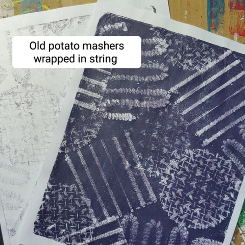 Papers created on a gel printing plate using potato mashers and acrylic paint.