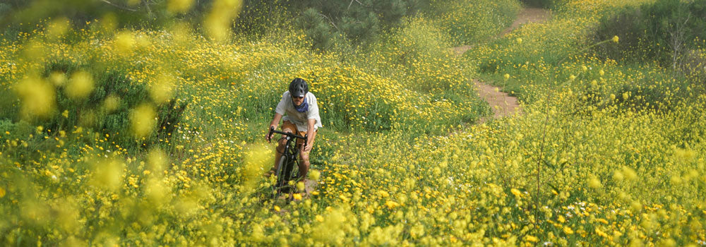 Young man biking in a field of yellow flowers